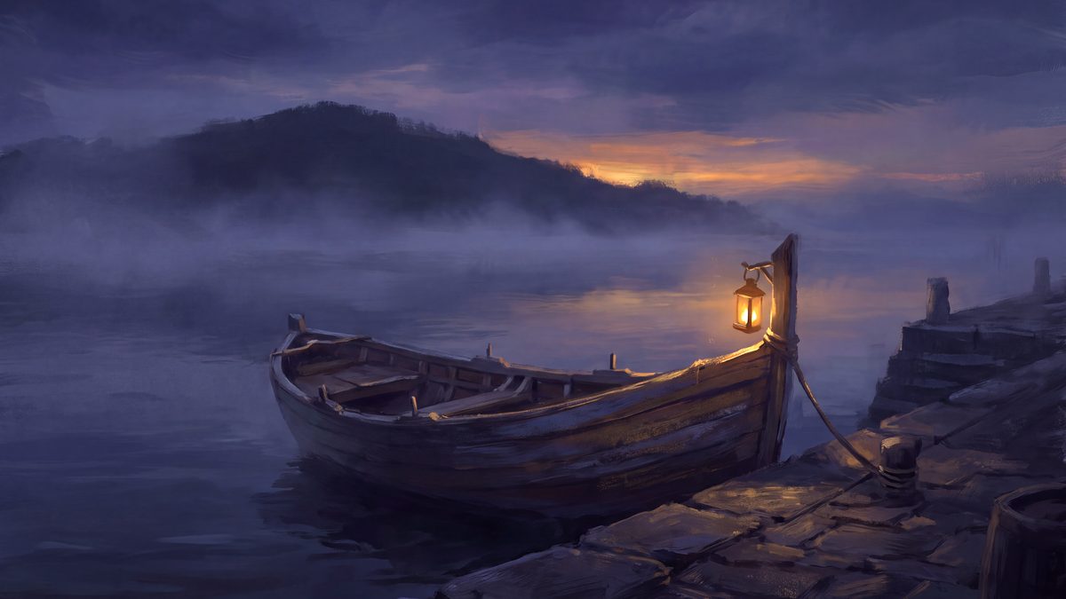 A single fishing boat moored in a dark harbour, one lantern lit before sunrise